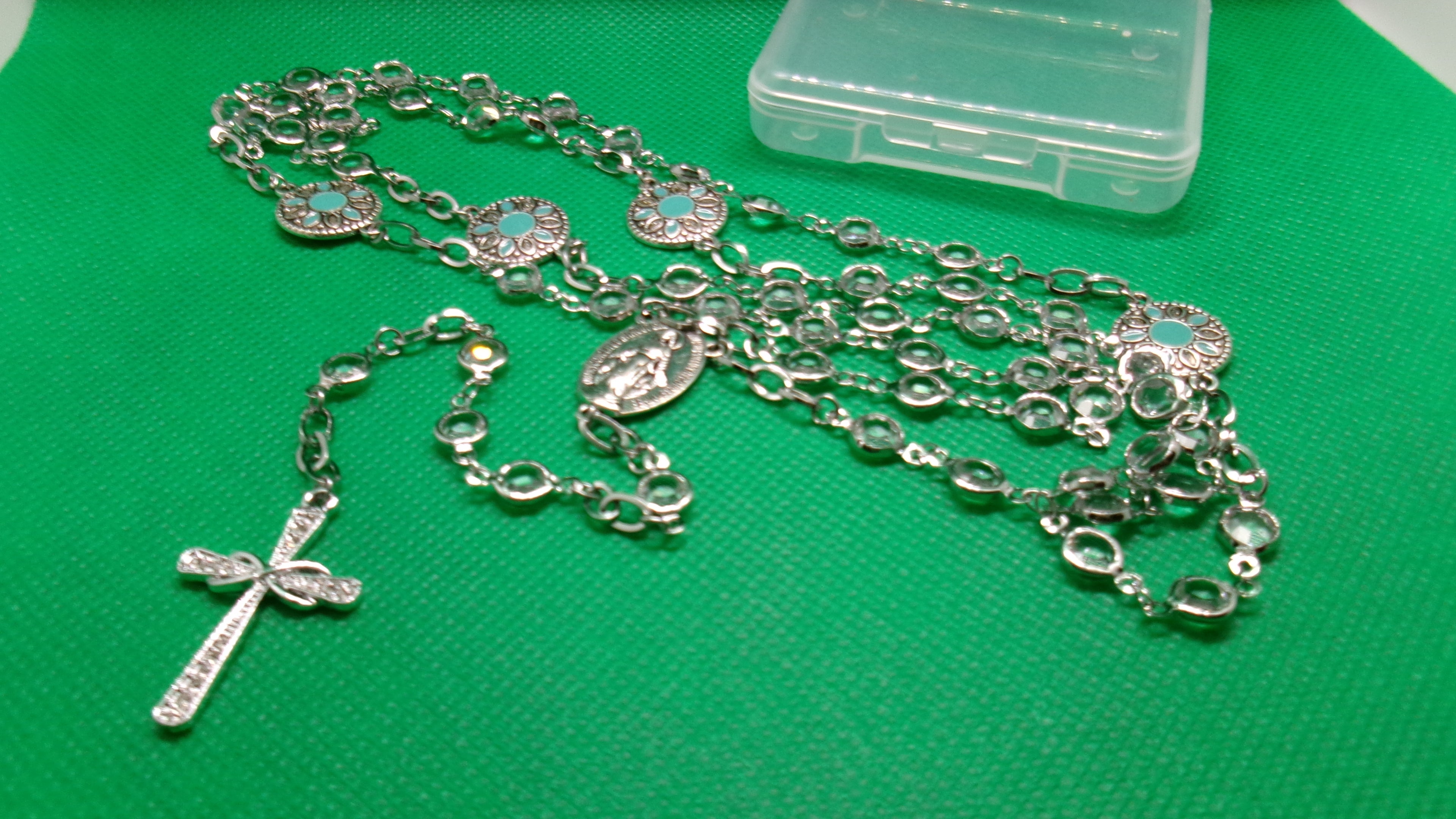 Handmade Rosary - silver, rhinestone and turquoise